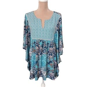 Womens Bohemian Patchwork Print Tunic Top Butterfly Sleeve V Neck